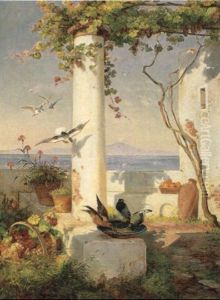 Pergola Med Duer, Frugter Og Blomster, I Baggrunden Vesuv