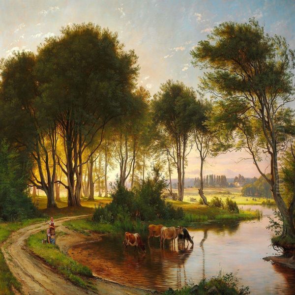 Danish Summer Landscape With Two Girls Watering The Cows In A Stream - view 1