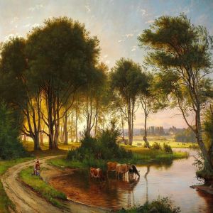 Danish Summer Landscape With Two Girls Watering The Cows In A Stream