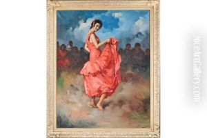 A Spanish Dancer In A Flounced Red Dress by Felipe Abarzuza y Rodriguez de Arias