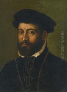 Portrait Of A Bearded Man, Bust Length, Wearing A Black Hat by Nicolo dell' Abbate