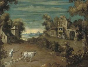 An Extensive Landscape With A Farmer And His Oxen Ploughing A Field