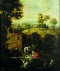 Lavandieres Devant Un Moulin A Eau by Nicolo dell' Abbate
