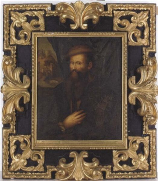 Portrait Of A Gentleman In A Brown Doublet And Cap Standing At A Window With A Landscape Beyond - view 1