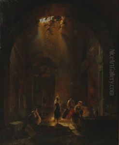 Jeunes Femmes Italiennes Remplissant Des Jarres A La Fontaine by Vincenzo Abbati