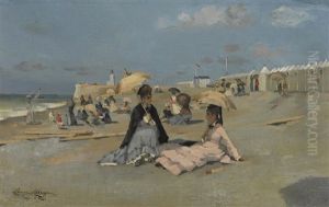 Ladies On The Beach; Bath Houses Under The Cliffs (2) by Louise Abbema