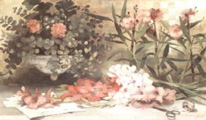 A Still Life With Geraniums In A Porcelain Planter And Gladiolas With Scissors And A String On A Ledge