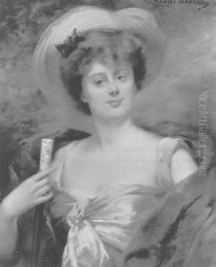 Dame Mit Strohhut Und Grunem Seidenschal by Louise Abbema