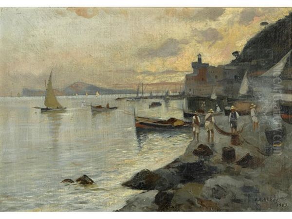 Fishermen On The Shore At Sunset - view 1
