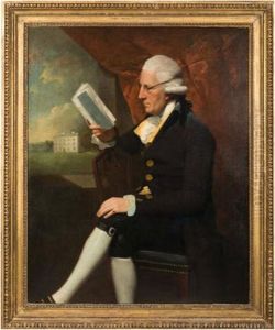Portrait Of Sir Edward Cotsford Of Clyst St George, Three-quarter Length Seated In An Interior View Through A Window To Winslade House Beyond by Lemuel-Francis Abbott