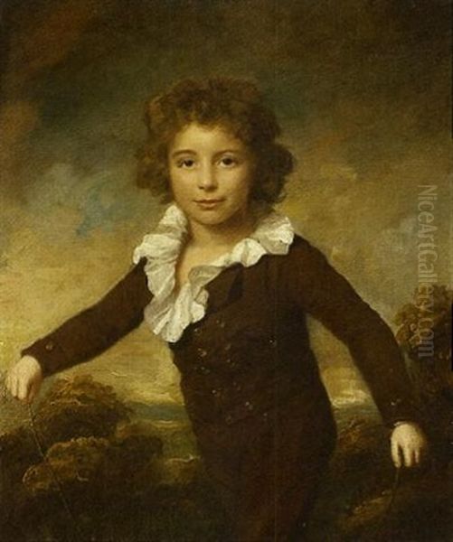 Portrait Of A Young Boy In A Brown Coat And Breeches, Holding A Skipping Rope In A Wooded Landscape - view 1