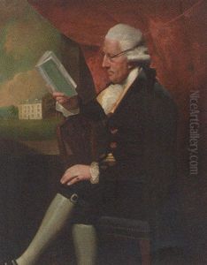 Portrait Of Edward Cotsford In A Dark Brown Jacket And Breeches, Holding A Book By A Window, A View To A House Beyond