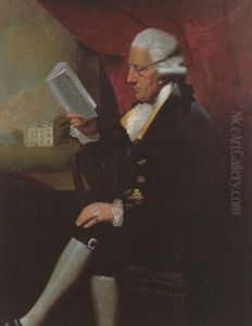 Portrait Of Edward Cotsford In A Brown Jacket And Breeches Holding A Book By A Window, View Of House Beyond