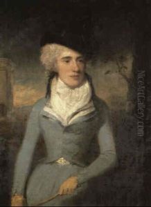 Portrait Of Mrs Beatrice Hewett, Wife Of James Hewett,      Standing Three Quarter Length In Blue Riding Dress, Black