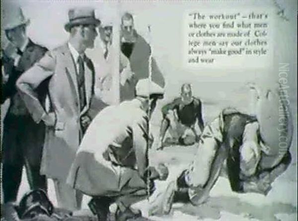 Advertisement. Football Player Tackling Bag, Men Watching - view 1