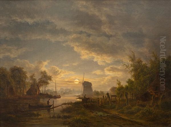 A Moonlit River Landscape With A Windmill - view 1