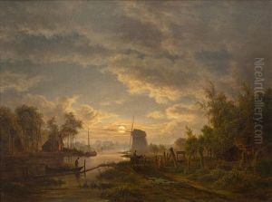 A Moonlit River Landscape With A Windmill