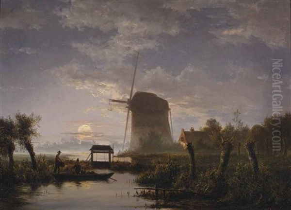 A Moonlit River Landscape With A Windmill And A Lock - view 1