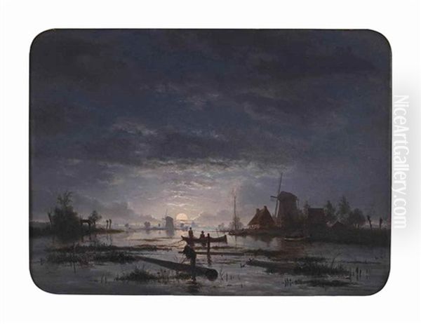 An Extensive River Scene With Fishermen By Night - view 1