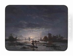 An Extensive River Scene With Fishermen By Night An Extensive River Scene With Fishermen By Night