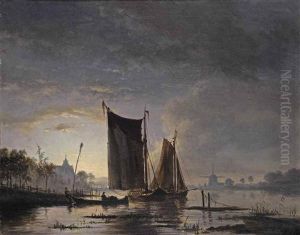 Boats On A Moonlit River by Jacobus Theodorus Abels
