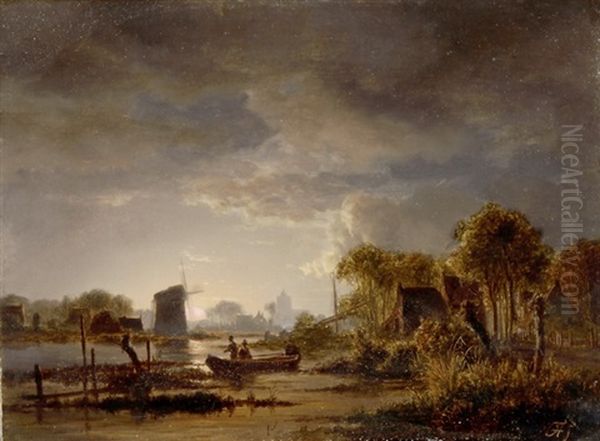 Flusslandschaft Mit Windmuhle Bei Aufgehendem Vollmond - view 1
