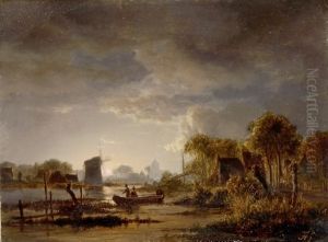 Flusslandschaft Mit Windmuhle Bei Aufgehendem Vollmond by Jacobus Theodorus Abels