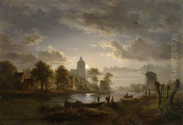 Flusslandschaft Mit Windmuhle Im Mondschein - view 1