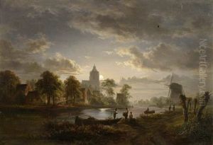 Flusslandschaft Mit Windmuhle Im Mondschein