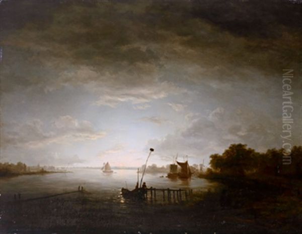 Mondbeschienene Fluslandschaft Mit Fischer - view 1