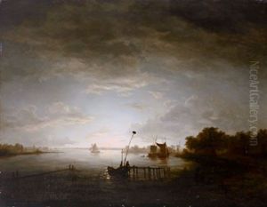 Mondbeschienene Fluslandschaft Mit Fischer