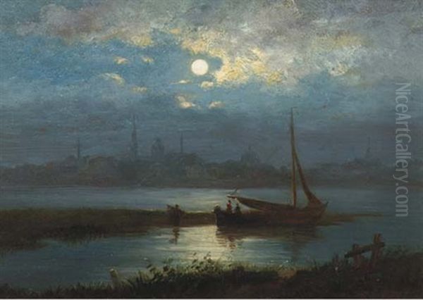 A Moonlit River Landscape With A Town In The Distance - view 1