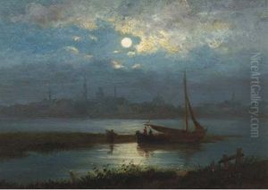 A Moonlit River Landscape With A Town In The Distance by Jacobus Theodorus Abels