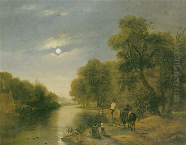 Figures By A Moonlit River - view 1