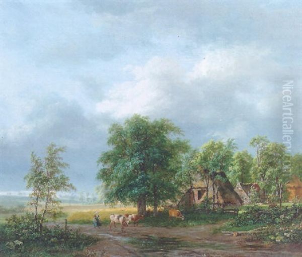 A Wooded Landscape With A Peasantwoman Driving Cows On A Country-road Along A Farmhouse - view 1