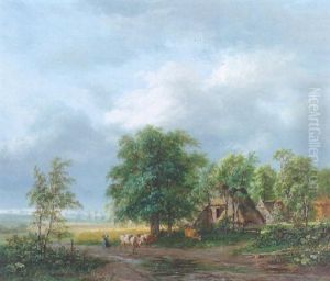 A Wooded Landscape With A Peasantwoman Driving Cows On A Country-road Along A Farmhouse by Jacobus Theodorus Abels