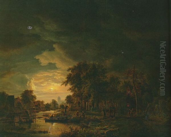 A Moonlit Wooded River Landscape With A Church In The Distance - view 1