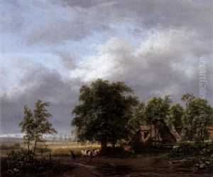 Wooded Landscape With A Peasantwoman Driving Cows On A Country Road Along A Farmhouse by Jacobus Theodorus Abels