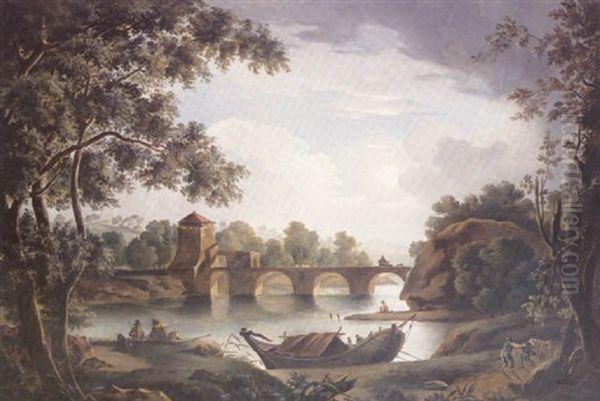 Fishing Before A Bridge In A Moonlit River Landscape - view 1