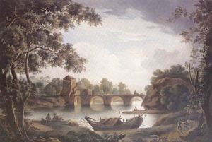 Fishing Before A Bridge In A Moonlit River Landscape by Jacobus Theodorus Abels