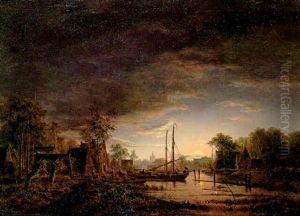 River Landscape With Moored Barges