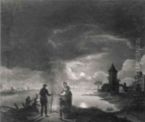 Hollandische Fluslandschaft Bei Mondlicht by Jacobus Theodorus Abels