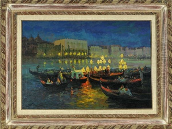 Venedig Bei Nacht Mit Beleuchteten Gondeln Und Dogenpalast Im Hintergrund - view 1