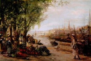 A Busy French Market Scene By A River With A Young Lady In The Foreground by Louis Abel-Truchet