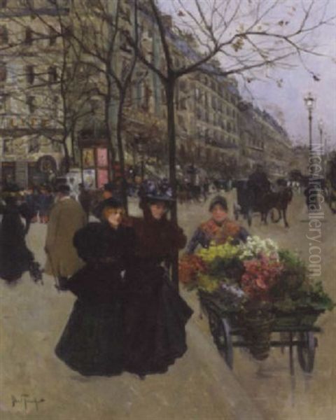 Parisian Street Scene With Elegant Woman And Flower Seller - view 1