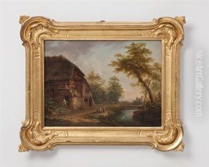 Strohbedecktes Bauernhaus Mit Ententeich Und Figurenstaffage (+ Strohbedecktes Bauernhaus Mit Figurenstaffage Und Blick Auf Die Aare; Pair) by Johann Ludwig Aberli