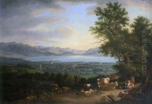 Vachers Pres D'un Lac Suisse (vevey?) by Johann Ludwig Aberli