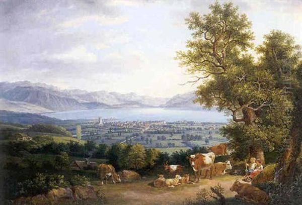 Vue De Lac Leman Et De La Ville De Vevey Avec Couple De Bergers Et Troupeau Au Premier Plan - view 1