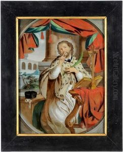 Vor Seinem Betpult Kniender Hl. Johannes Von Nepomuk, Den Finger Auf Die Lippen Gelegt. Im Hintergrund Die Karlsbrucke