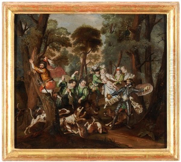 Don Quijote Stellt Sich Einem Eber, Als Er Das Herzogliche Paar Auf Einer Jagd Begleitet. Sancho Pansa Erklimmt Vor Schreck Eine Eiche - view 1